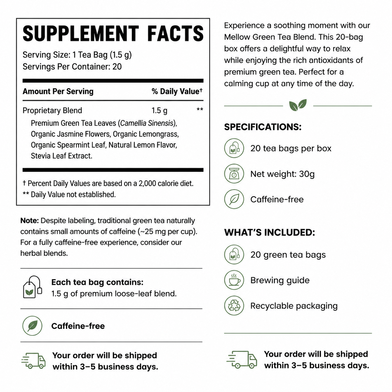 Mellow Green Tea Blend — Supplement Facts
